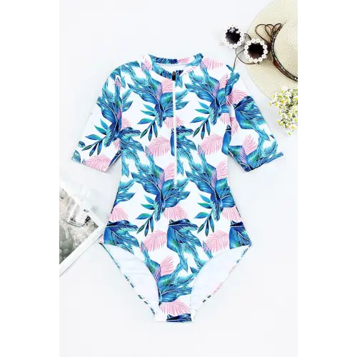 Romantic Printed Half Sleeve One-Piece Swimwear for Summer Fun