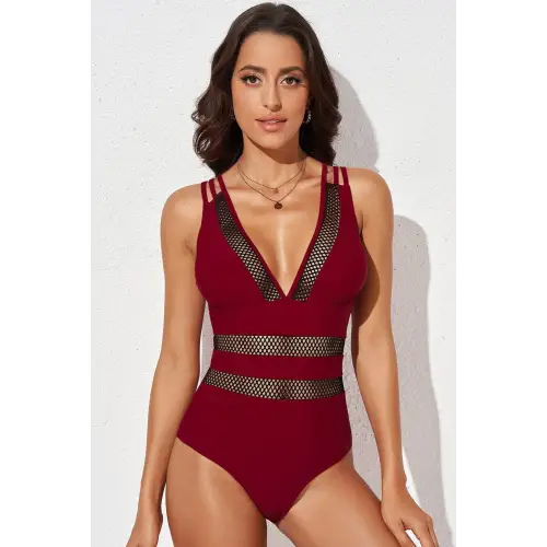 Printed Mesh Plunge One-Piece Swimsuit - CM Fashion