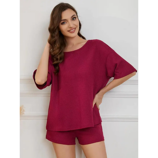 Round Neck Half Sleeve Top and Shorts Lounge Set - CM Fashion