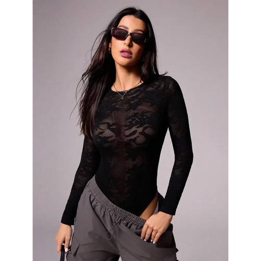 Round Neck Long Sleeve Lace Bodysuit - Black / S - CynthiaMonica CM