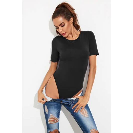 Round Neck Short Sleeve Bodysuit - CM Fashion