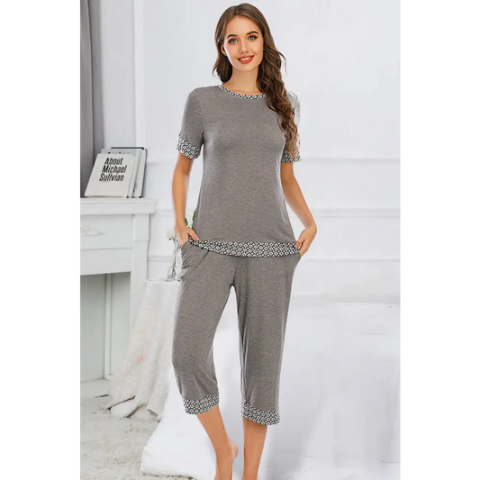 Round Neck Short Sleeve Top and Capris Pants Lounge Set - CM