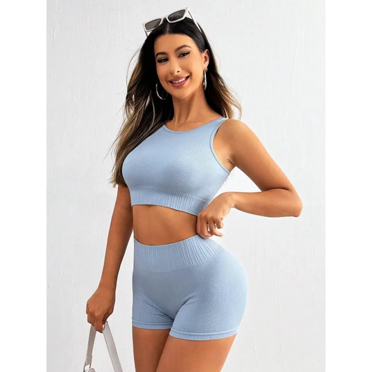 Round Neck Wide Strap Top and Shorts Active Set - Light Blue / S - CynthiaMonica CM