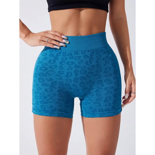 Ruched Leopard High Waist Active Shorts - Sky Blue / S - CynthiaMonica CM