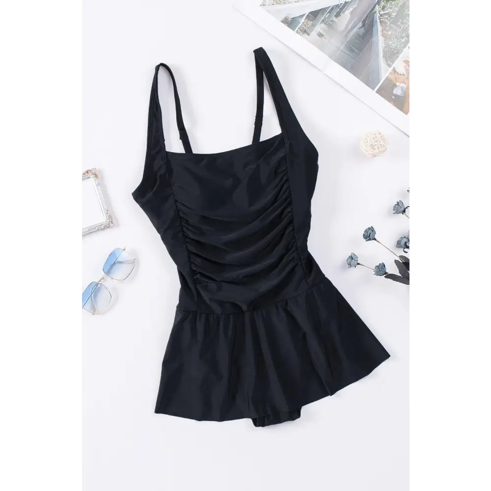 Ruched Square Neck Sleeveless One-Piece Swimwear