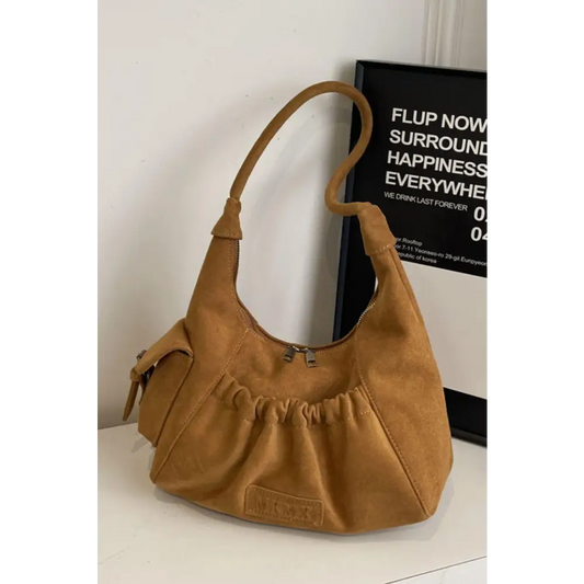 Ruched Suede Handbag with Zipper - CM Fashion