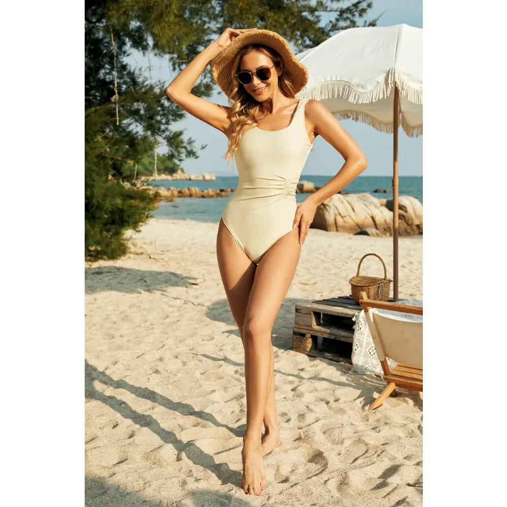 Elegant Ruched Wide Strap One-Piece Swimwear for Beach Chic