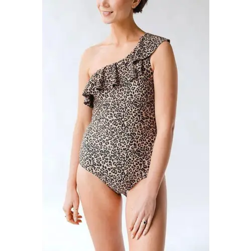 Ruffled Leopard Single Shoulder One Piece Swimwear