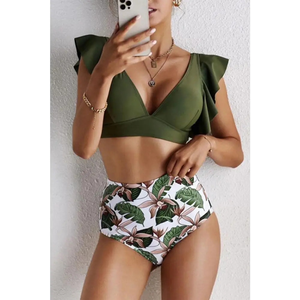 Ruffled Printed V-Neck Two-Piece Swim Set