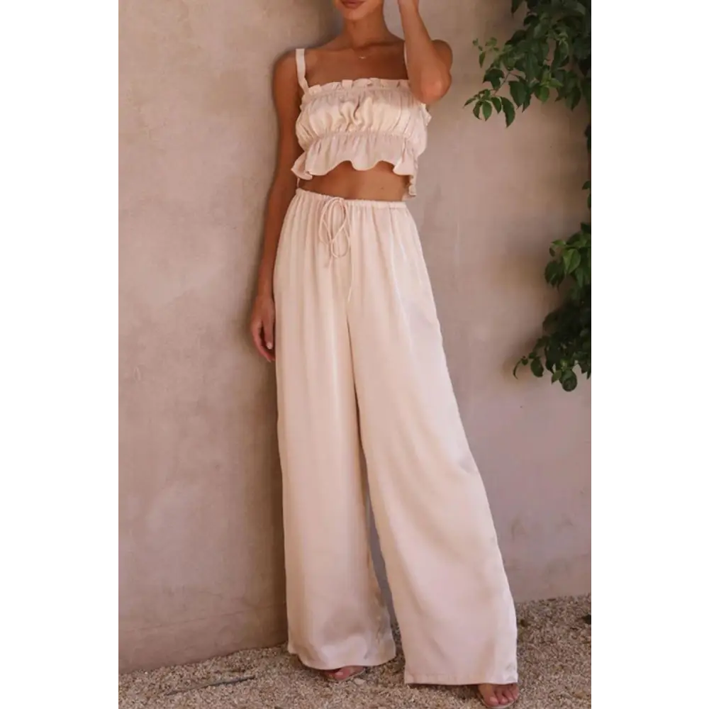 Elegant Mendura Ruffled Sleeveless Top & Wide Leg Pants Set