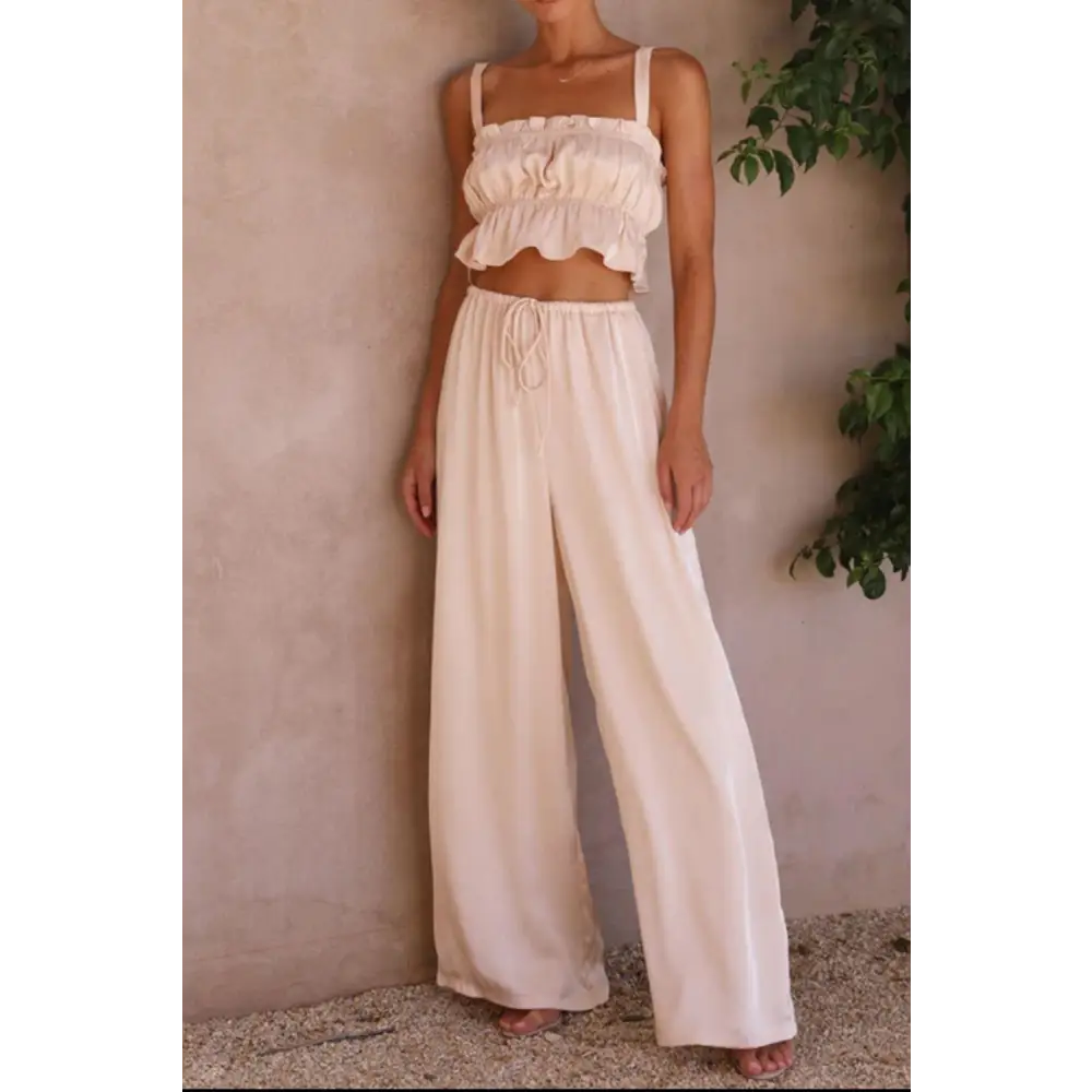 Elegant Mendura Ruffled Sleeveless Top & Wide Leg Pants Set