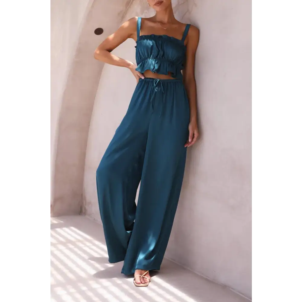 Elegant Mendura Ruffled Sleeveless Top & Wide Leg Pants Set