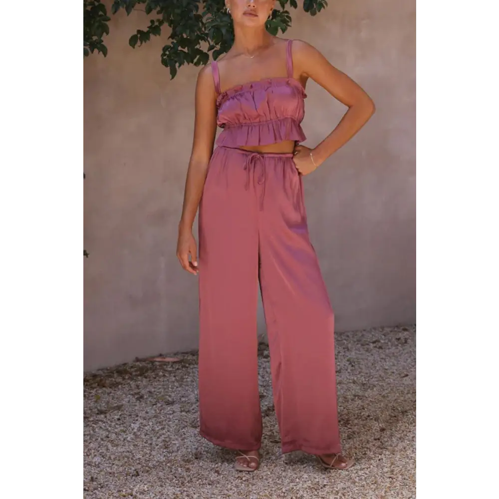 Elegant Mendura Ruffled Sleeveless Top & Wide Leg Pants Set