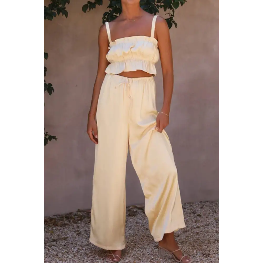 Elegant Mendura Ruffled Sleeveless Top & Wide Leg Pants Set