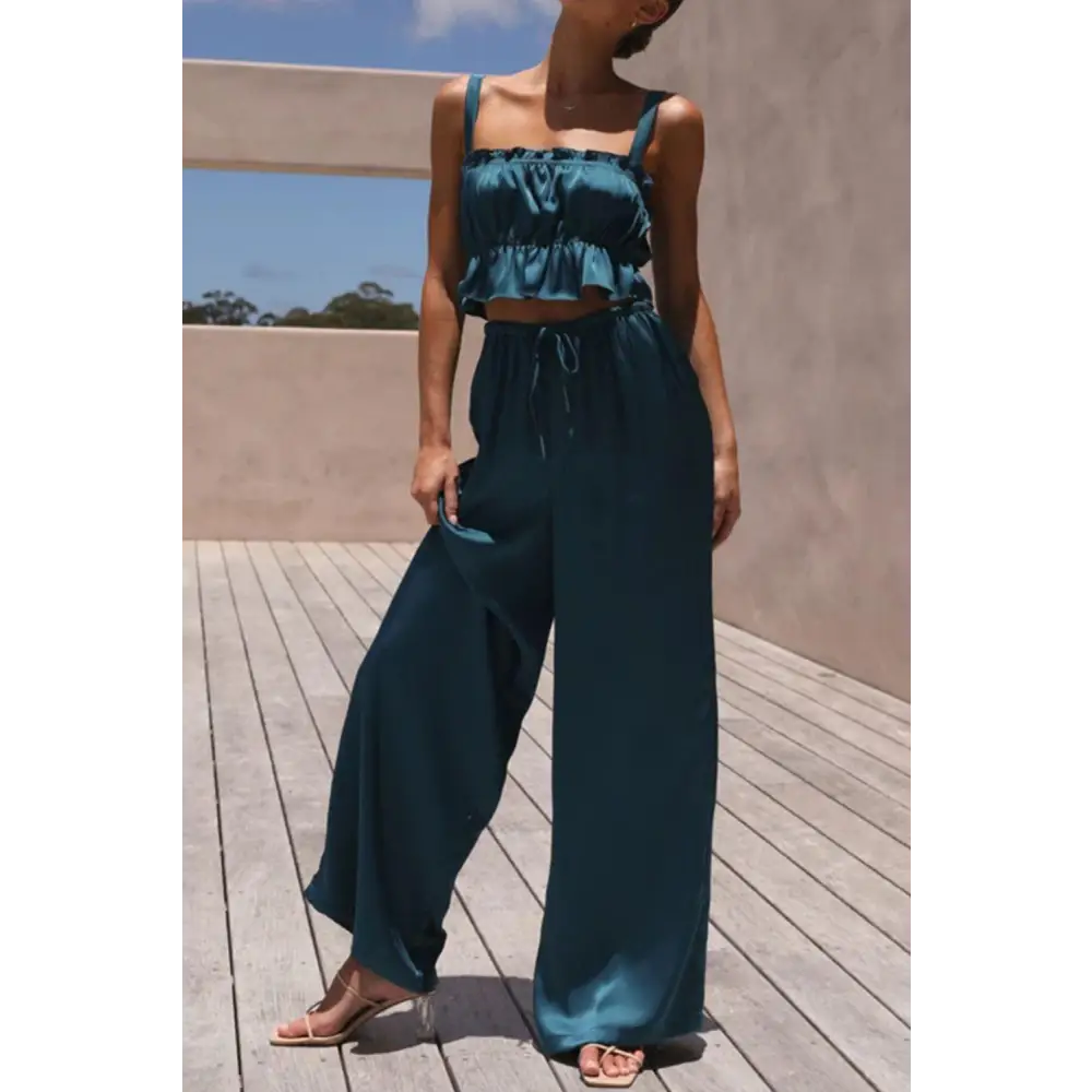 Elegant Mendura Ruffled Sleeveless Top & Wide Leg Pants Set