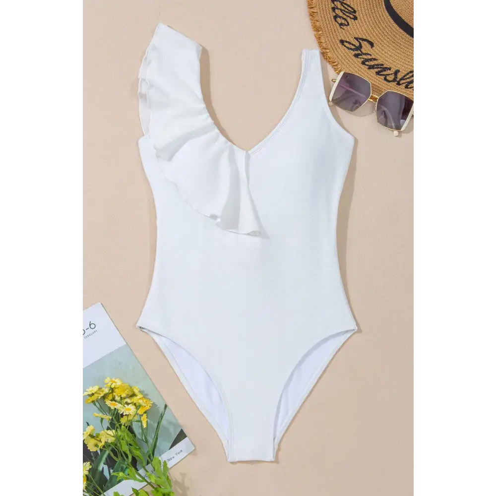 Stunning V-Neck Wide Strap One-Piece Swimsuit with Ruffles