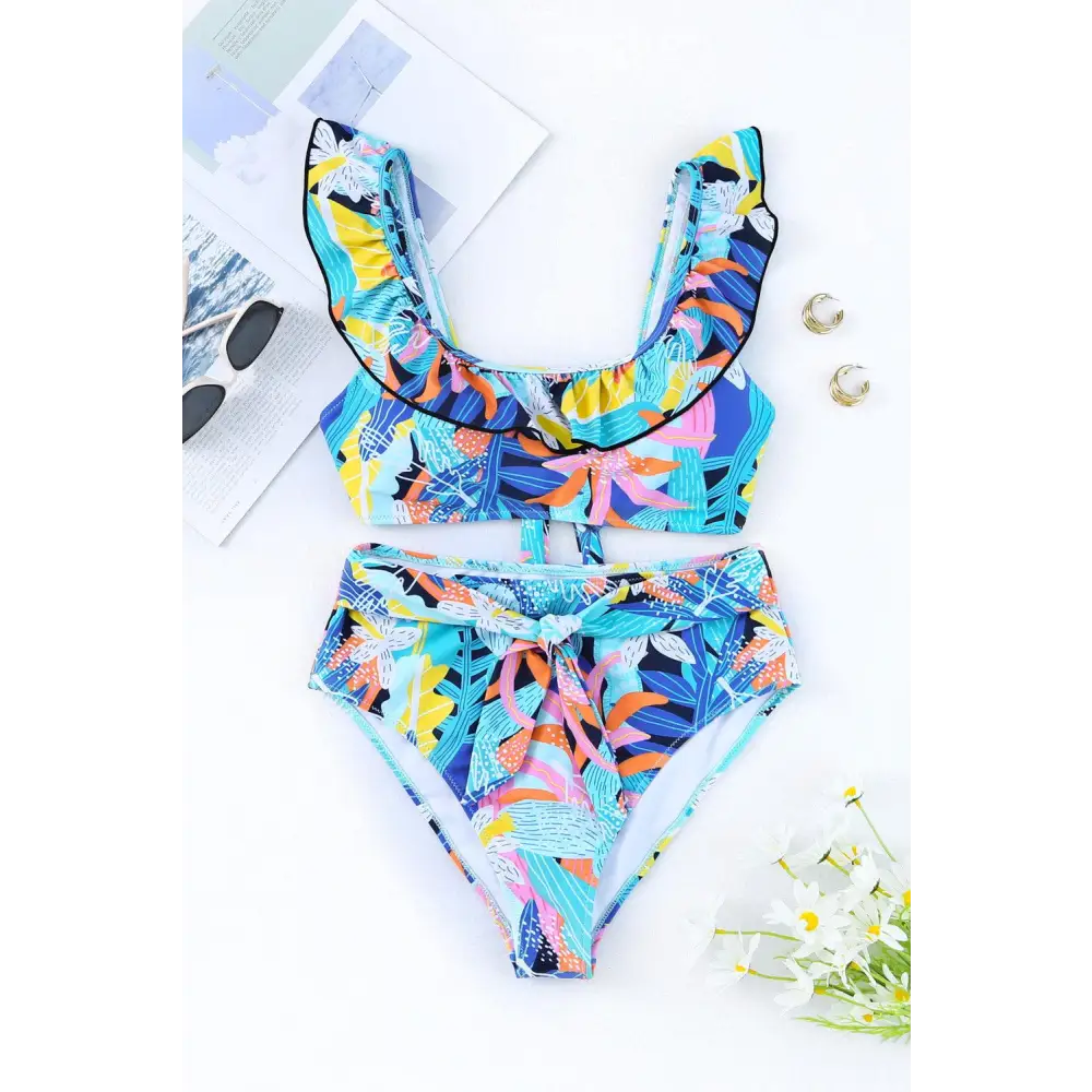 Ruffled Wide Strap Swim Top and Bottom Set