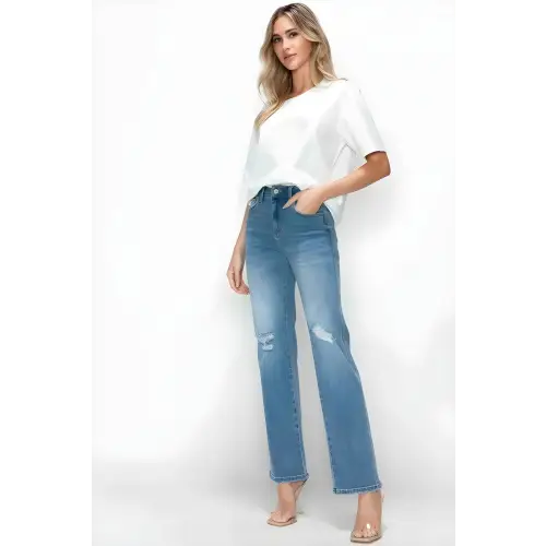 Distressed High Rise Straight Jeans