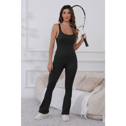 Scoop Neck Wide Strap Active Jumpsuit - Black / S - CynthiaMonica CM