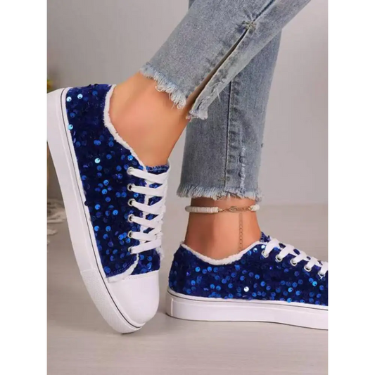 Sequin Round Toe Flat Sneakers - CM Fashion