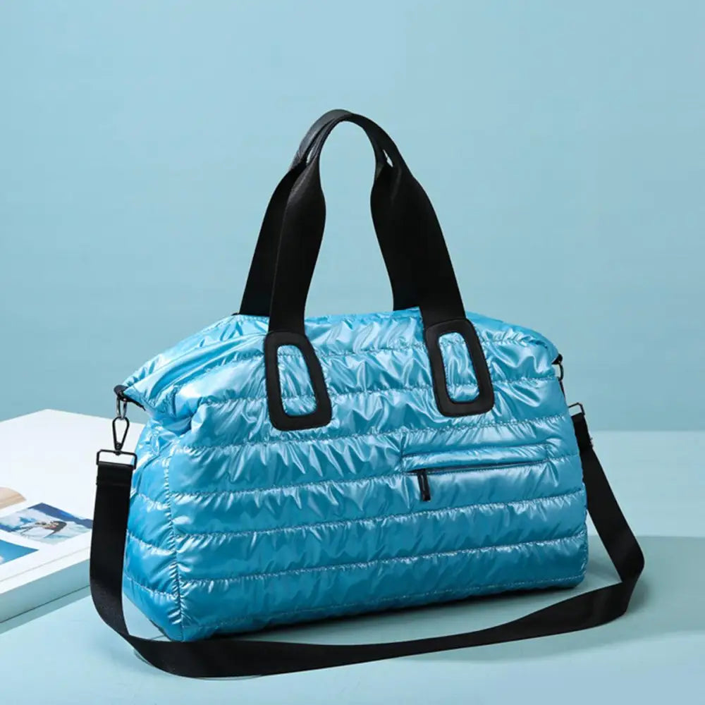 Shiny Blue Quilted Nylon Oversize Travel Bag for Stylish Adventures