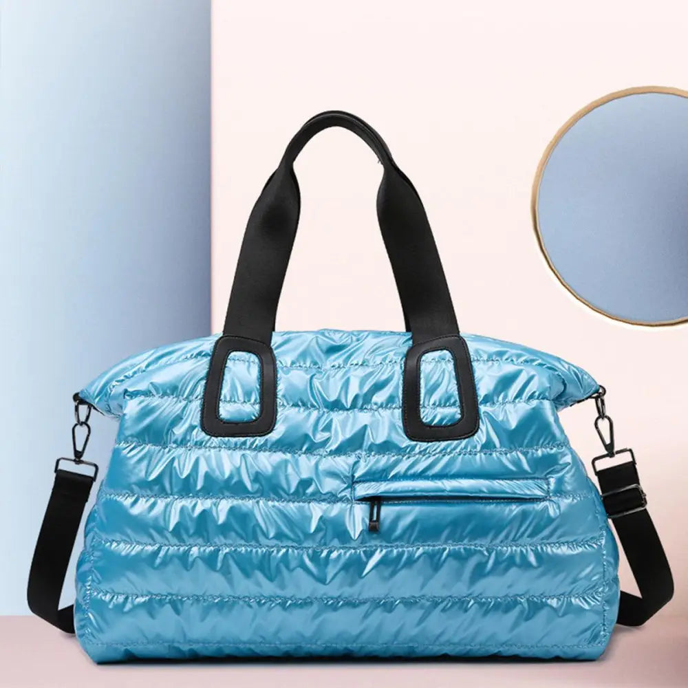 Shiny Blue Quilted Nylon Oversize Travel Bag for Stylish Adventures