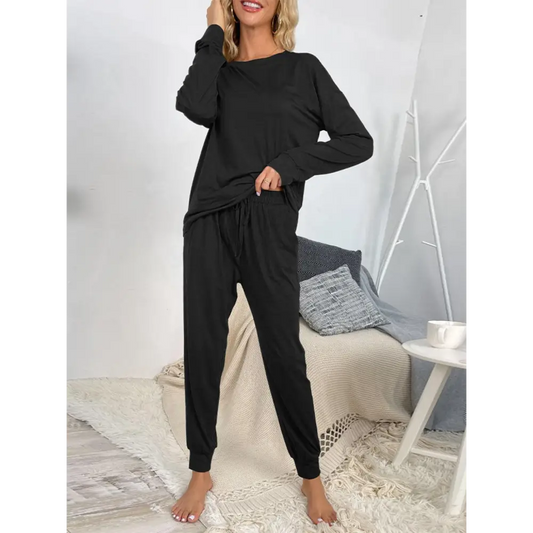 Shiny Round Neck Top and Drawstring Pants Lounge Set - CM