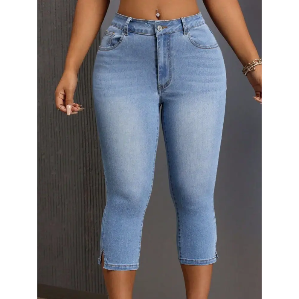 Trendy Light Blue Slit Skinny Jeans with Pockets