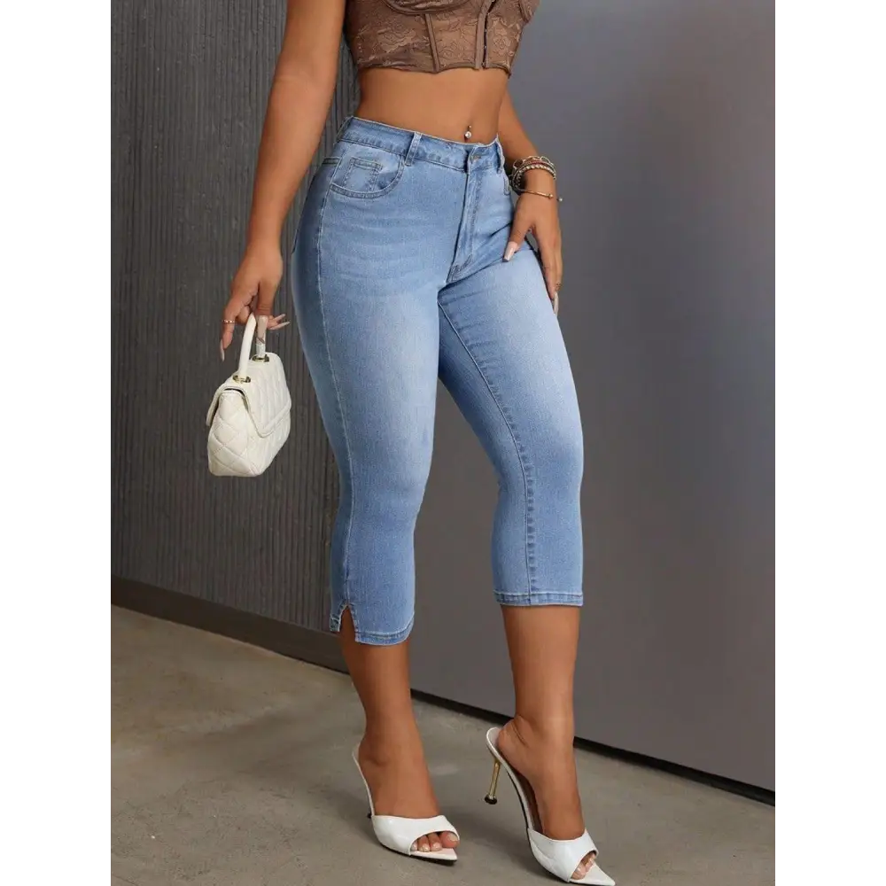 Trendy Light Blue Slit Skinny Jeans with Pockets