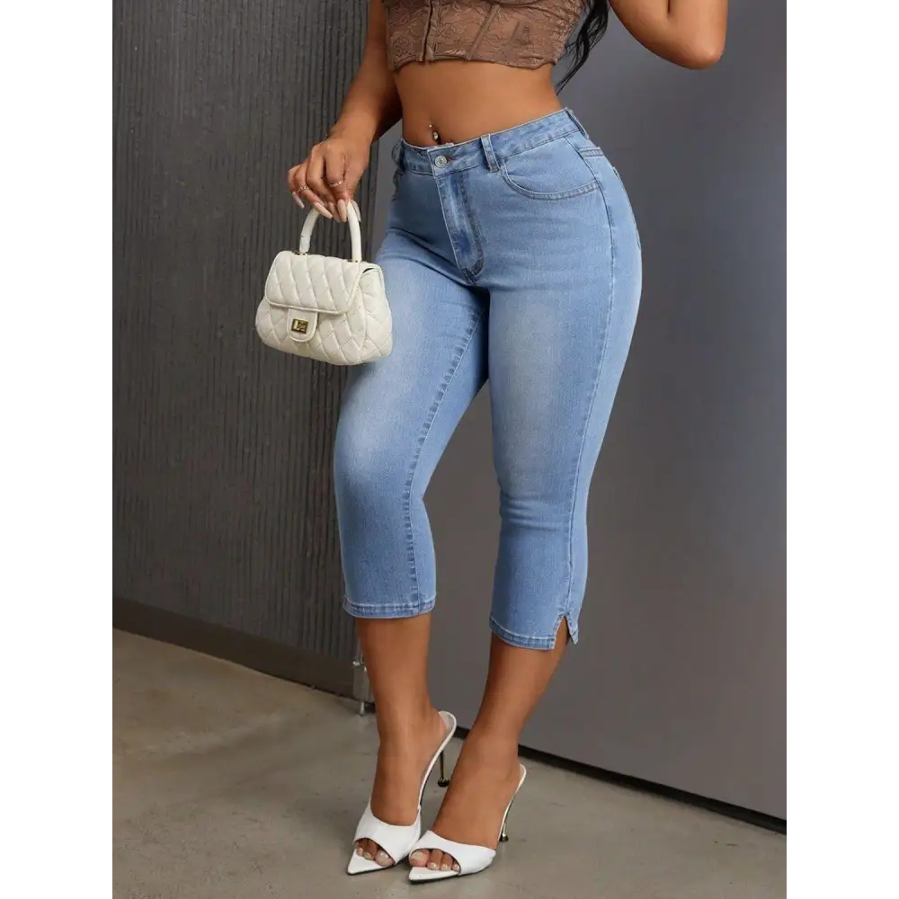 Trendy Light Blue Slit Skinny Jeans with Pockets