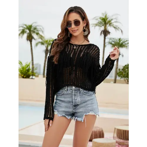 Fringe Trim Openwork Long Sleeve Cover-Up - CM Fashion