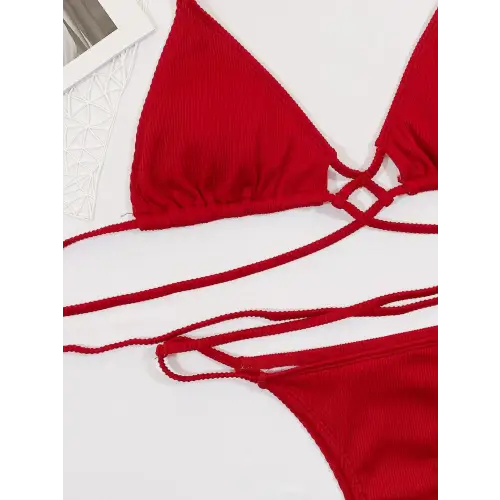 Sizzling Halter Neck Crisscross Ribbed Bikini Set in Fiery Red