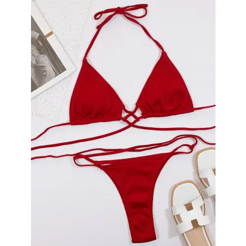 Sizzling Halter Neck Crisscross Ribbed Bikini Set in Fiery Red