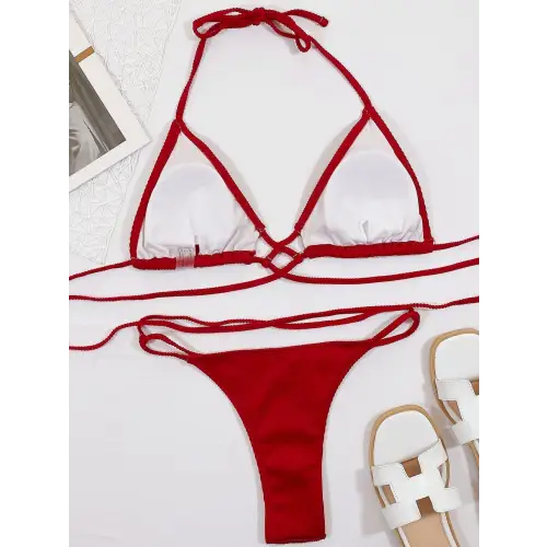 Sizzling Halter Neck Crisscross Ribbed Bikini Set in Fiery Red