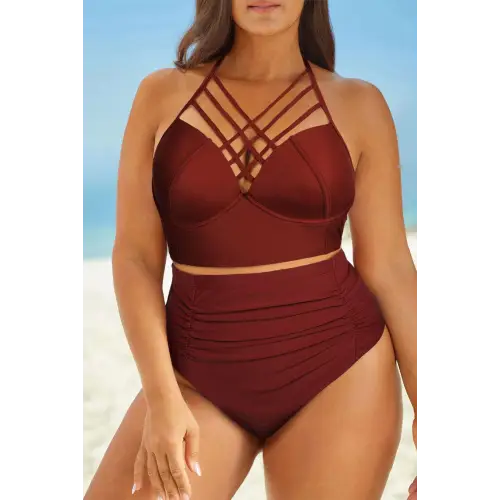 Sizzling Halter Neck Crisscross Ruched Two-Piece Swimsuit