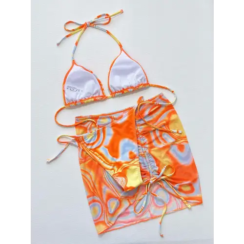 Sizzling Multicolored Drawstring Ruched Three-Piece Swim Set