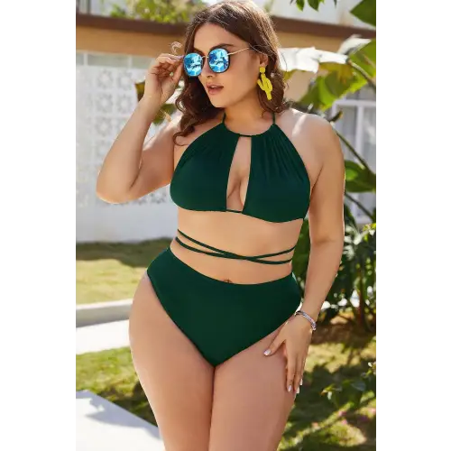 Sizzling Plus Size Cutout Tied Backless Bikini Set in Emerald Green