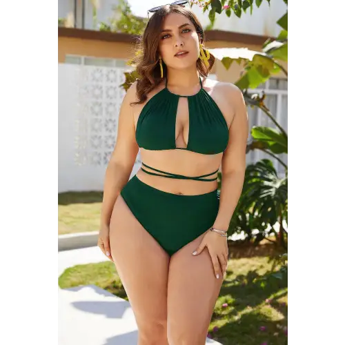 Sizzling Plus Size Cutout Tied Backless Bikini Set in Emerald Green