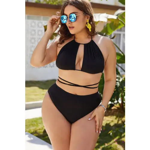 Sizzling Plus Size Cutout Tied Backless Bikini Set in Emerald Green