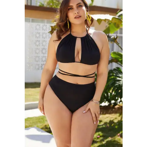 Sizzling Plus Size Cutout Tied Backless Bikini Set in Emerald Green