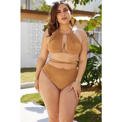 Sizzling Plus Size Cutout Tied Backless Bikini Set in Emerald Green