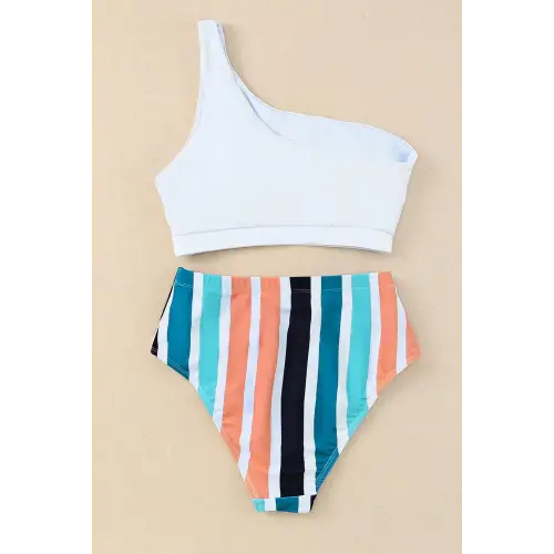 Sizzling Striped Shoulder Two-Piece Swim Set for Summer Fun