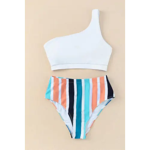 Sizzling Striped Shoulder Two-Piece Swim Set for Summer Fun