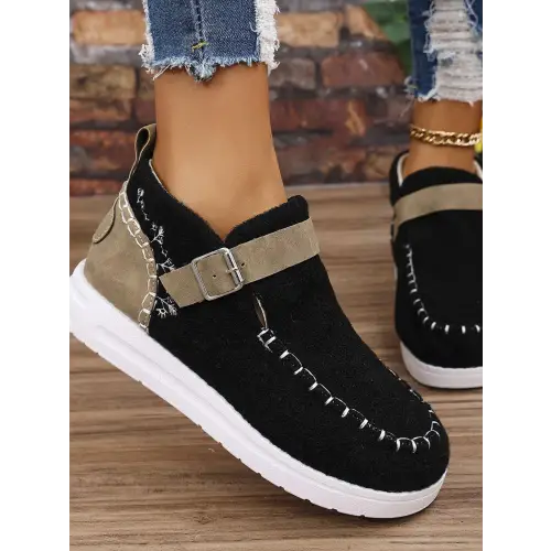 Sleek Black Contrast Round Toe Buckle Sneakers for Effortless Style