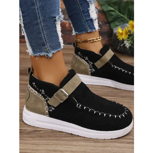 Sleek Black Contrast Round Toe Buckle Sneakers for Effortless Style