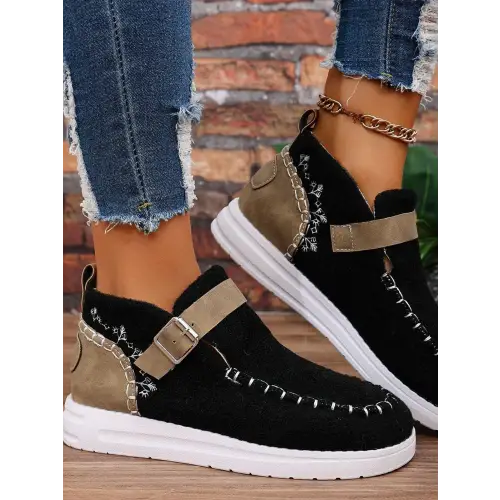 Sleek Black Contrast Round Toe Buckle Sneakers for Effortless Style