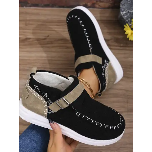 Contrast Round Toe Buckle Sneakers - CM Fashion