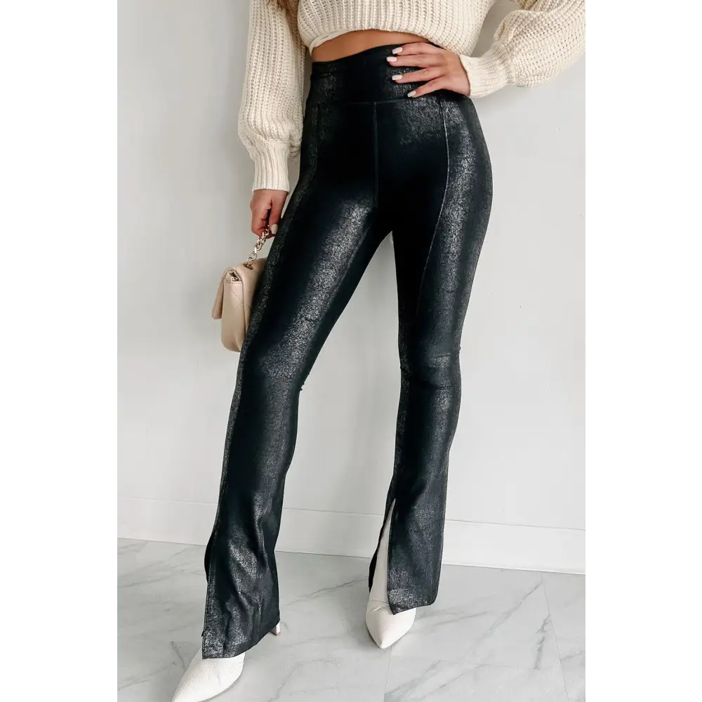 Sleek Black Faux Leather Splits High Waist Leggings for a Bold Look