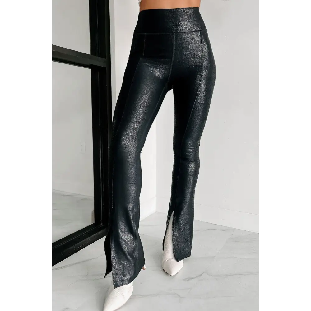 Sleek Black Faux Leather Splits High Waist Leggings for a Bold Look