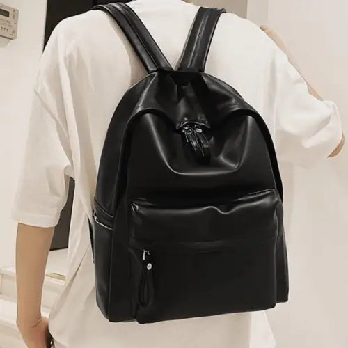 Sleek Black Leather Zip Backpack Bag